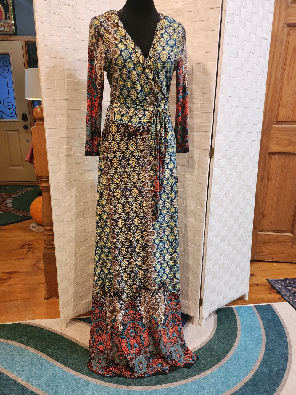 Mixed Print Wrap Maxi Dress in Blue and Brown, Size L